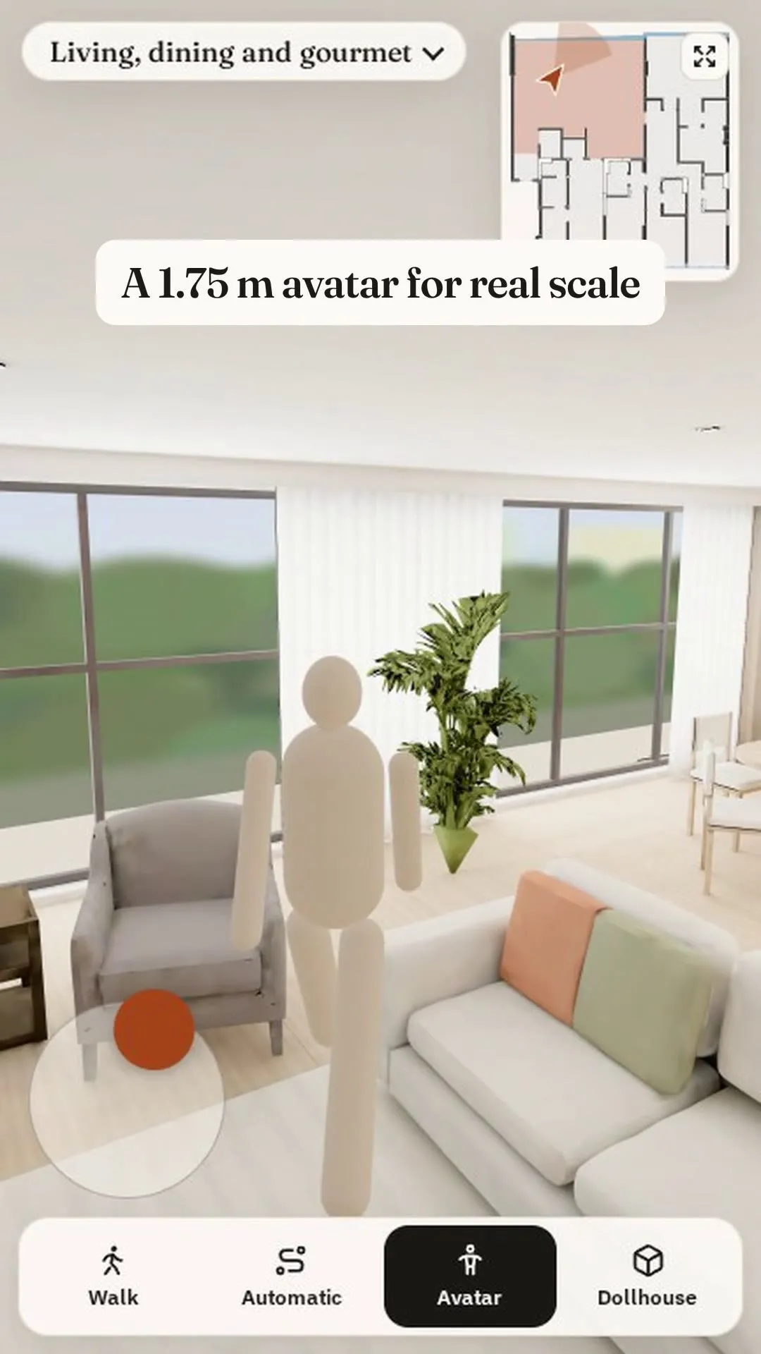 The 3D walkthrough on a phone: a furnished living room with a 1.75 m avatar for scale
